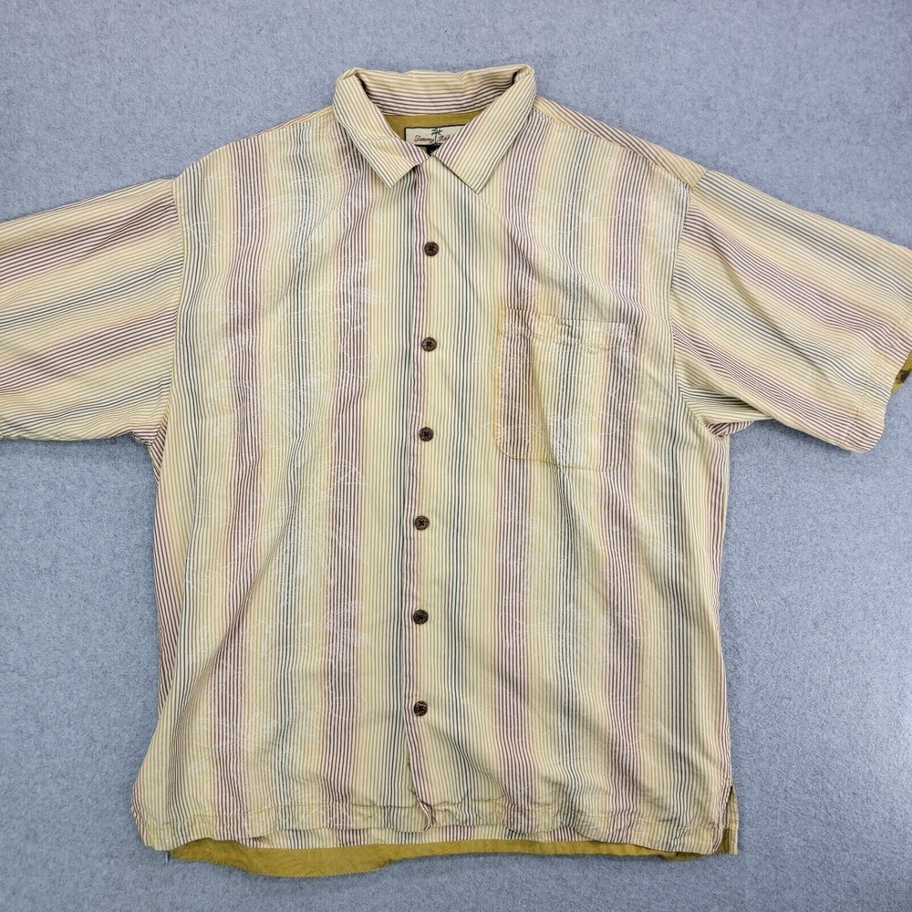 Tommy Bahama shirt mens large 100% Silk Striped floral Button Down Short Sleeve